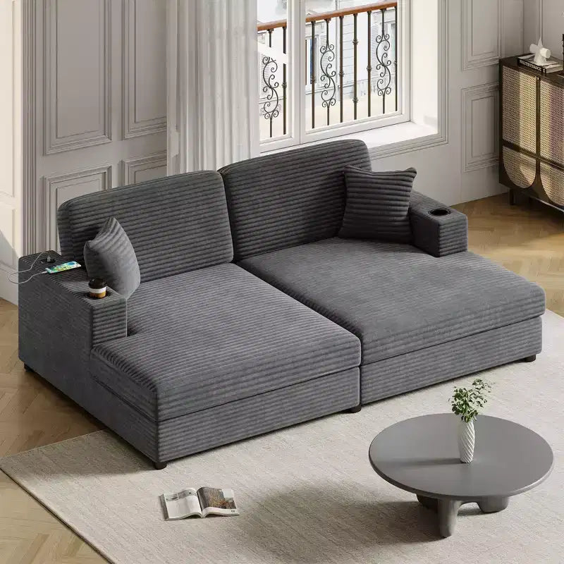 86.5 Oversized Loveseat Chaise Lounge Sectional Sofa Bed Corduroy Sleeper Sofa with Two USB Ports