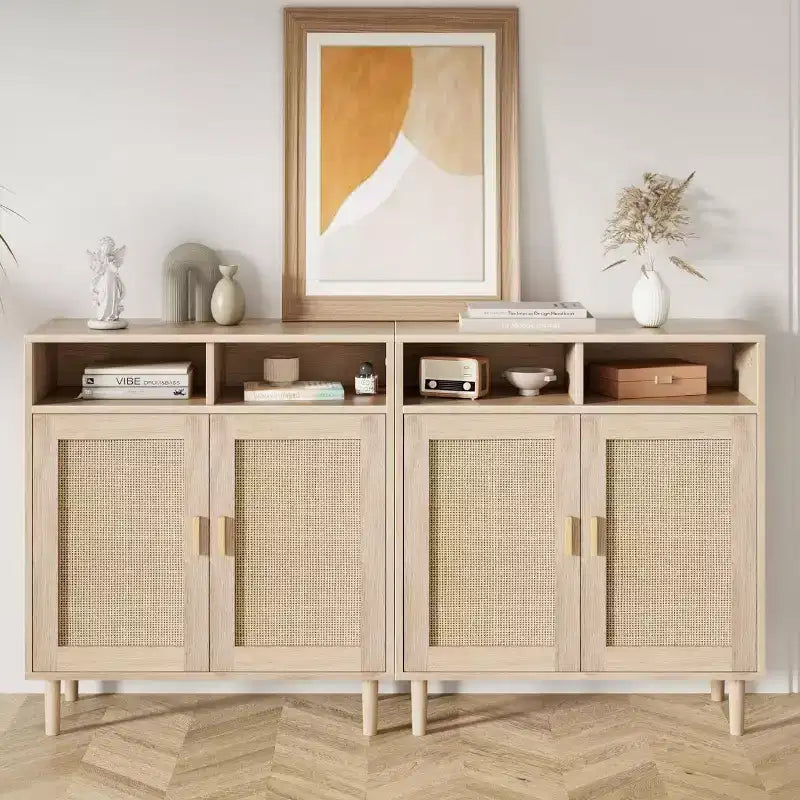 Credenze Buffet in Rattan - Mobile Contenitore a 2 Ante con Ripiano, Sala da Pranzo Moderna, Mobili per Angolo Caffè, 36H
