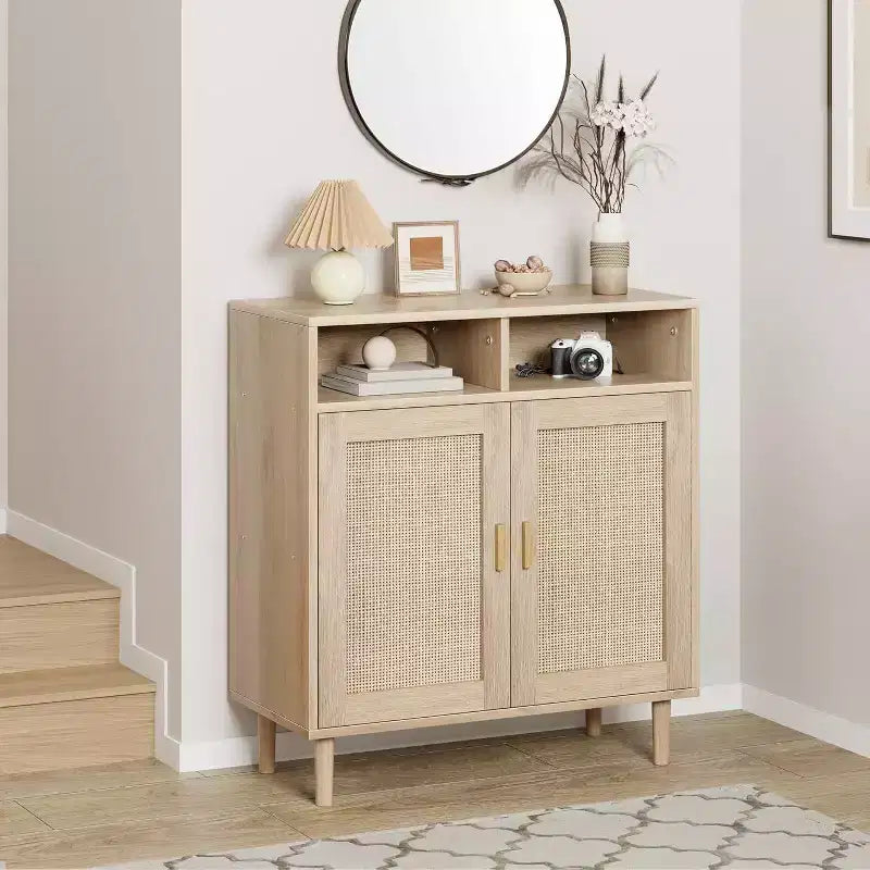Credenze Buffet in Rattan - Mobile Contenitore a 2 Ante con Ripiano, Sala da Pranzo Moderna, Mobili per Angolo Caffè, 36H