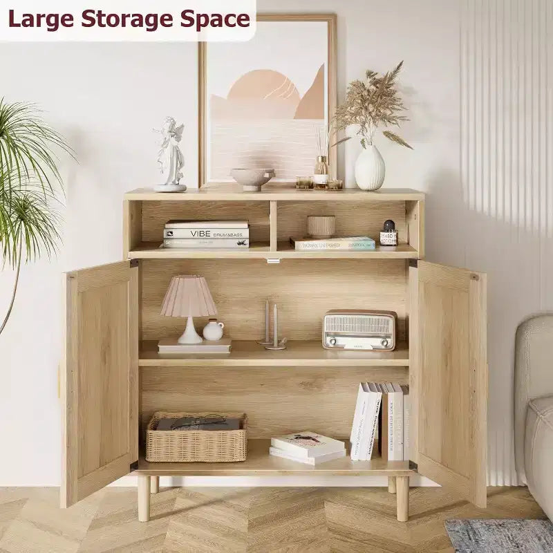 Credenze Buffet in Rattan - Mobile Contenitore a 2 Ante con Ripiano, Sala da Pranzo Moderna, Mobili per Angolo Caffè, 36H