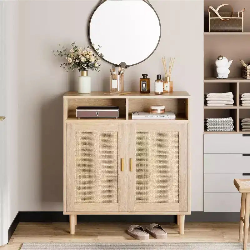 Credenze Buffet in Rattan - Mobile Contenitore a 2 Ante con Ripiano, Sala da Pranzo Moderna, Mobili per Angolo Caffè, 36H