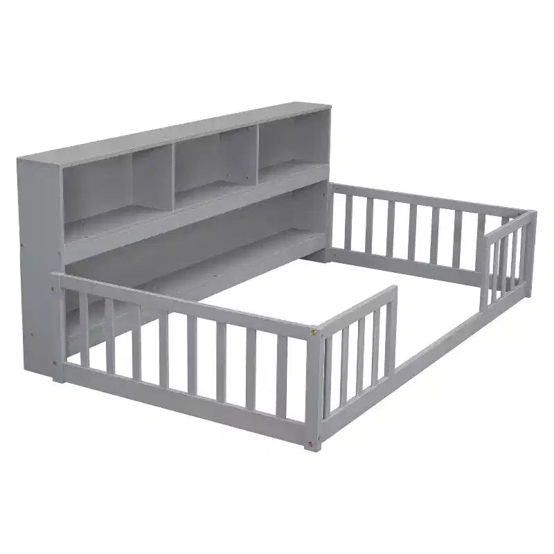 MAYEERTY Letto a Castello a Terra con Libreria, Ripiani, Barriere di Sicurezza, Grigio
