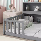 MAYEERTY Letto a Castello a Terra con Libreria, Ripiani, Barriere di Sicurezza, Grigio