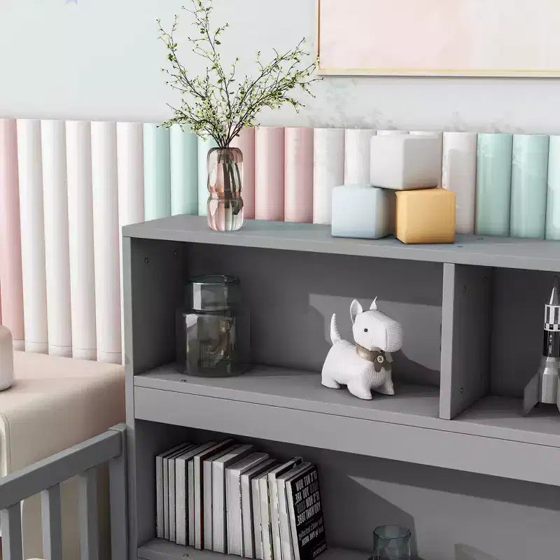 MAYEERTY Letto a Castello a Terra con Libreria, Ripiani, Barriere di Sicurezza, Grigio