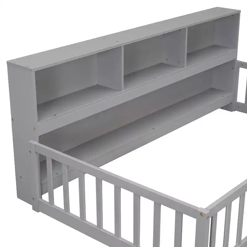 MAYEERTY Letto a Castello a Terra con Libreria, Ripiani, Barriere di Sicurezza, Grigio