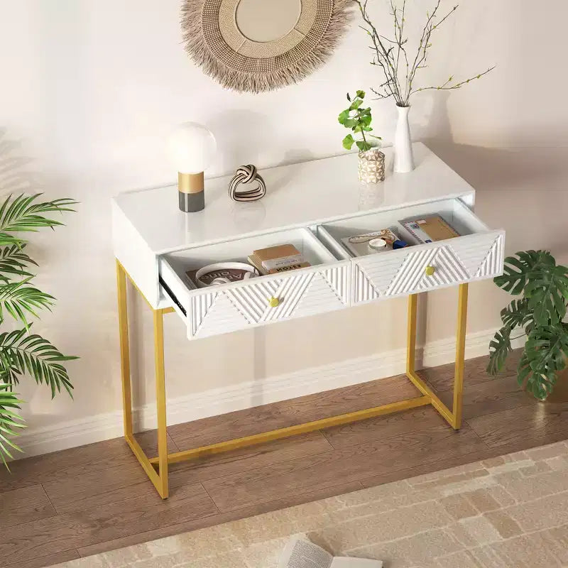 MAYEERTY Modern Narrow Console Table with Storage 2 Drawers Stripe Design for Living Room Hallway White