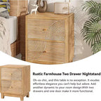 COZAYH Farmhouse 2 Drawer Nightstand with Handcrafted Wood Ring Pattern, Mid-Century Boho Night Stand for Home Bedrooms, Natural Wood