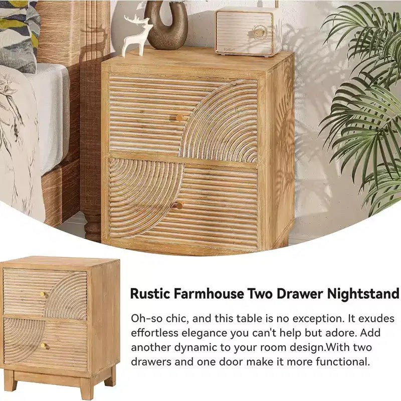 COZAYH Farmhouse 2 Drawer Nightstand with Handcrafted Wood Ring Pattern, Mid-Century Boho Night Stand for Home Bedrooms, Natural Wood