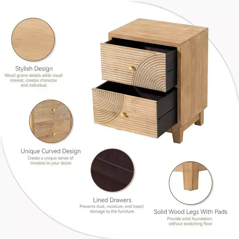 COZAYH Farmhouse 2 Drawer Nightstand with Handcrafted Wood Ring Pattern, Mid-Century Boho Night Stand for Home Bedrooms, Natural Wood