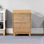COZAYH Farmhouse 2 Drawer Nightstand with Handcrafted Wood Ring Pattern, Mid-Century Boho Night Stand for Home Bedrooms, Natural Wood