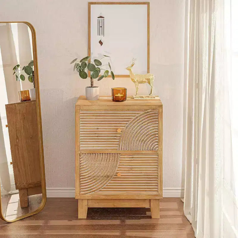 COZAYH Farmhouse 2 Drawer Nightstand with Handcrafted Wood Ring Pattern, Mid-Century Boho Night Stand for Home Bedrooms, Natural Wood