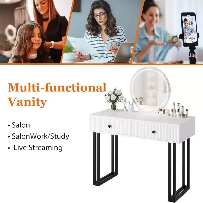 Vanity Desk with Mirror, Makeup Vanity with 2 Drawers, 3 Color LightsAdjustable Brightness