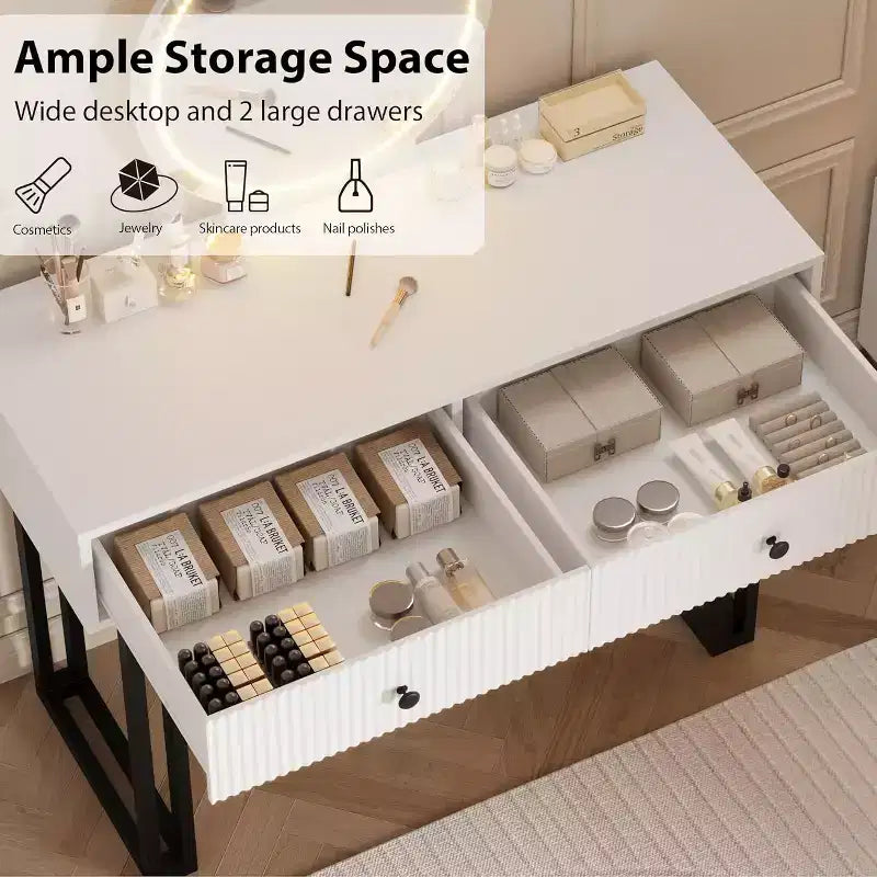 Vanity Desk with Mirror, Makeup Vanity with 2 Drawers, 3 Color LightsAdjustable Brightness