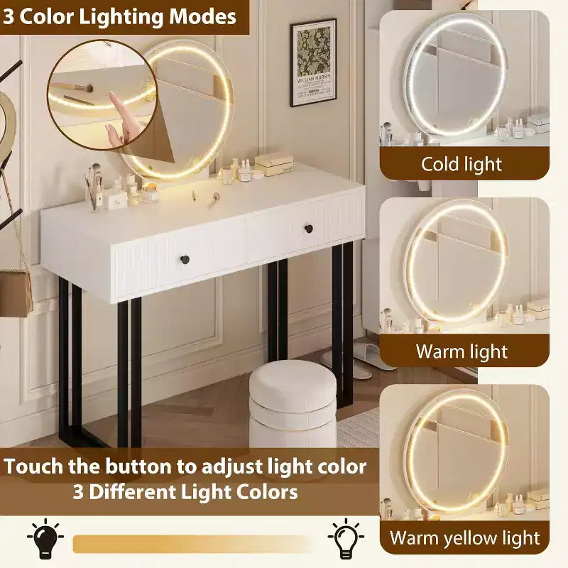 Vanity Desk with Mirror, Makeup Vanity with 2 Drawers, 3 Color LightsAdjustable Brightness