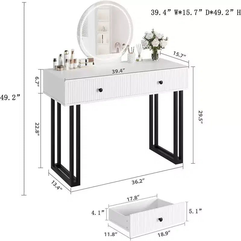 Vanity Desk with Mirror, Makeup Vanity with 2 Drawers, 3 Color LightsAdjustable Brightness