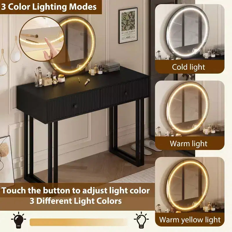 Vanity Desk with Mirror, Makeup Vanity with 2 Drawers, 3 Color LightsAdjustable Brightness
