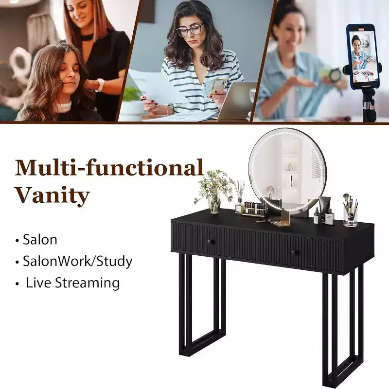 Vanity Desk with Mirror, Makeup Vanity with 2 Drawers, 3 Color LightsAdjustable Brightness