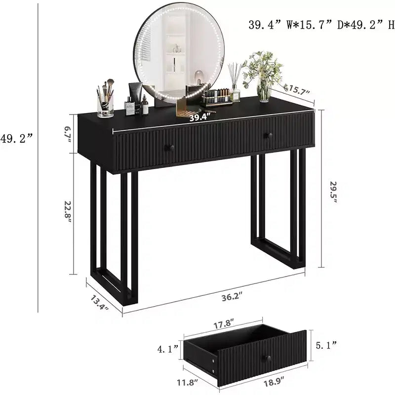 Vanity Desk with Mirror, Makeup Vanity with 2 Drawers, 3 Color LightsAdjustable Brightness