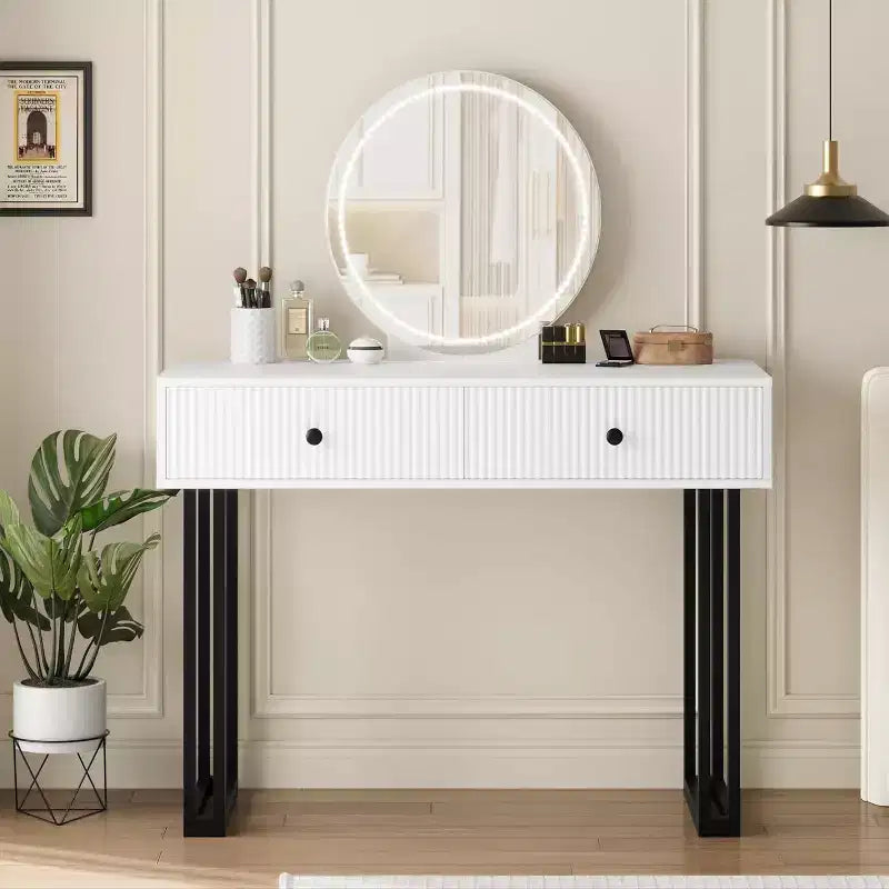 Vanity Desk with Mirror, Makeup Vanity with 2 Drawers, 3 Color LightsAdjustable Brightness