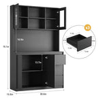 Dispensa alta da cucina da 180 cm con luci a LED e prese di corrente, supporto per microonde con anta in vetro, ripiani regolabili, 3 cassetti, design senza maniglie