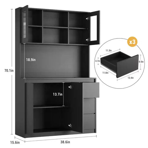71 Tall Kitchen Pantry Cabinet with LED Lights & Power Outlets, Microwave Stand with Glass Door, Adjustable Shelves, 3 Drawers, Handless Design