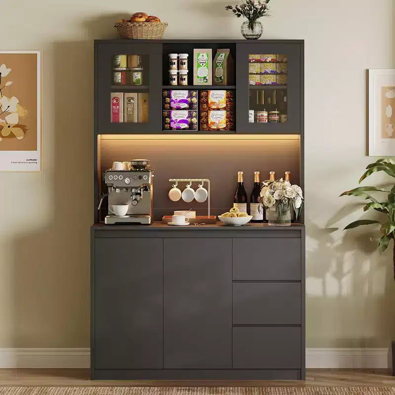 Dispensa alta da cucina da 180 cm con luci a LED e prese di corrente, supporto per microonde con anta in vetro, ripiani regolabili, 3 cassetti, design senza maniglie