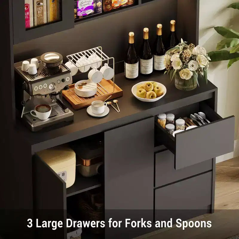 Dispensa alta da cucina da 180 cm con luci a LED e prese di corrente, supporto per microonde con anta in vetro, ripiani regolabili, 3 cassetti, design senza maniglie
