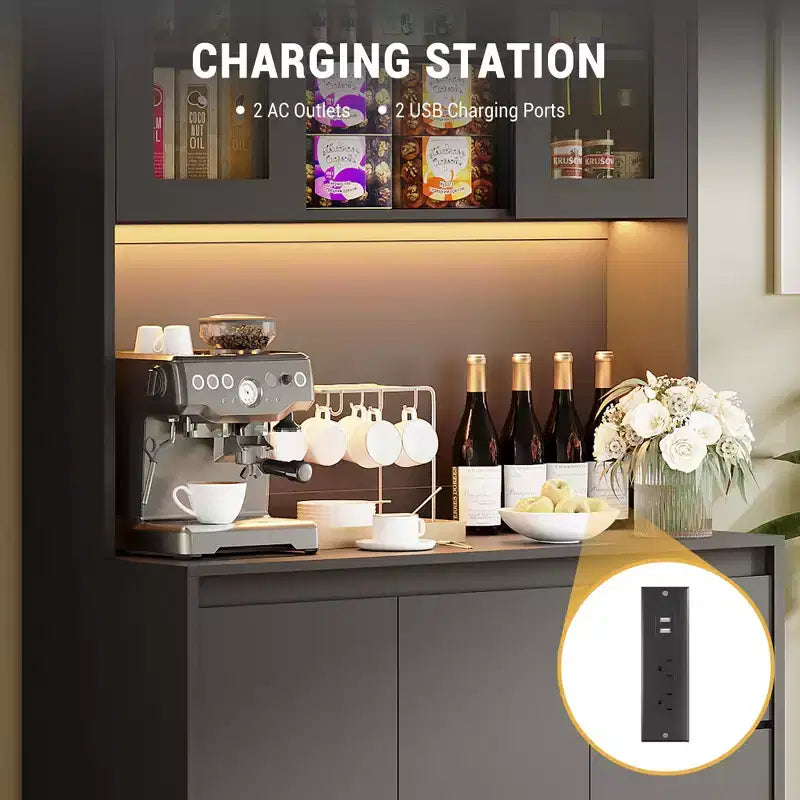 Dispensa alta da cucina da 180 cm con luci a LED e prese di corrente, supporto per microonde con anta in vetro, ripiani regolabili, 3 cassetti, design senza maniglie