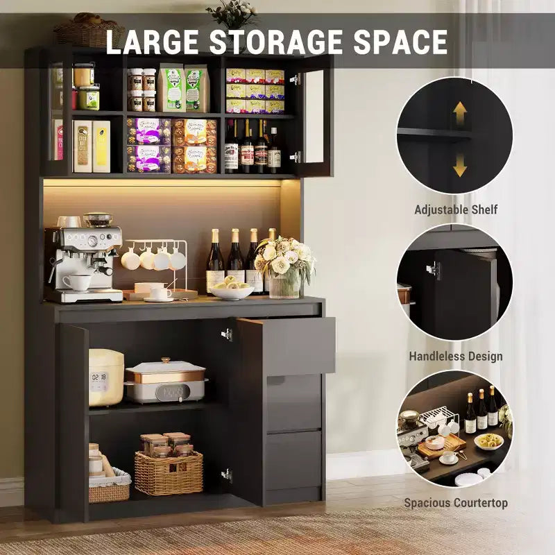 Dispensa alta da cucina da 180 cm con luci a LED e prese di corrente, supporto per microonde con anta in vetro, ripiani regolabili, 3 cassetti, design senza maniglie