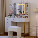 Makeup Vanity with Led Lighted Mirror & Power Outlet, 3 Lighting Modes, Vanity Desk with Acrylic Tabletop White