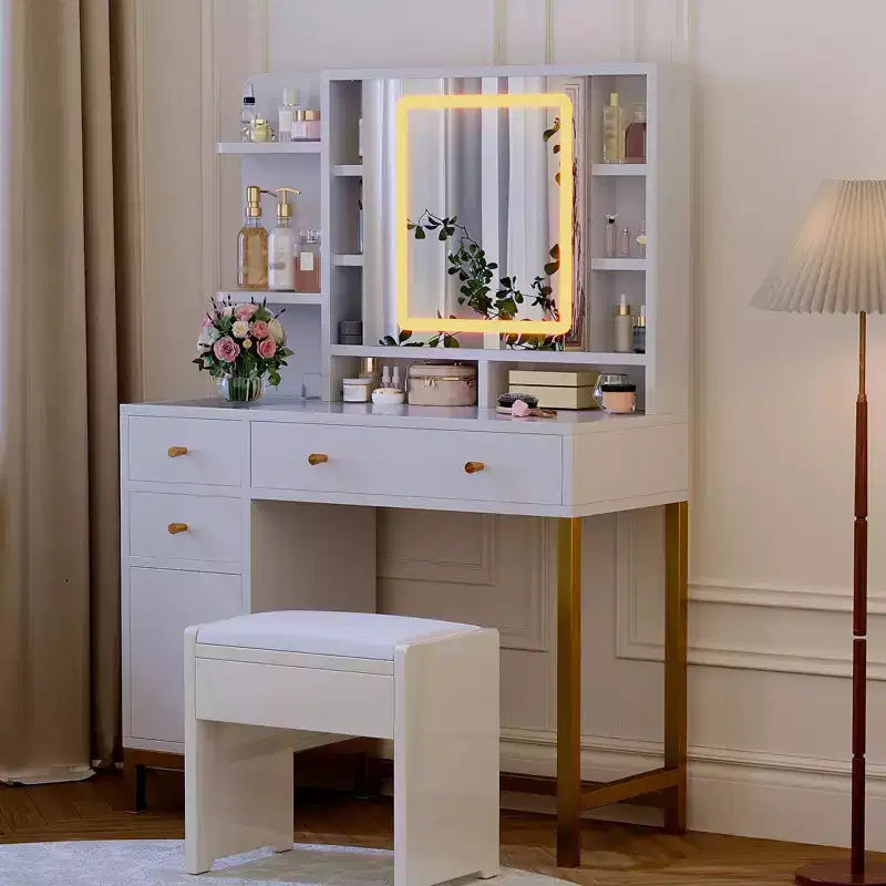 Makeup Vanity with Led Lighted Mirror & Power Outlet, 3 Lighting Modes, Vanity Desk with Acrylic Tabletop White