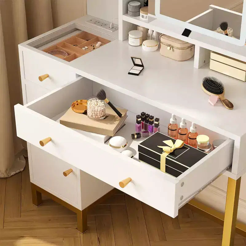 Makeup Vanity with Led Lighted Mirror & Power Outlet, 3 Lighting Modes, Vanity Desk with Acrylic Tabletop White