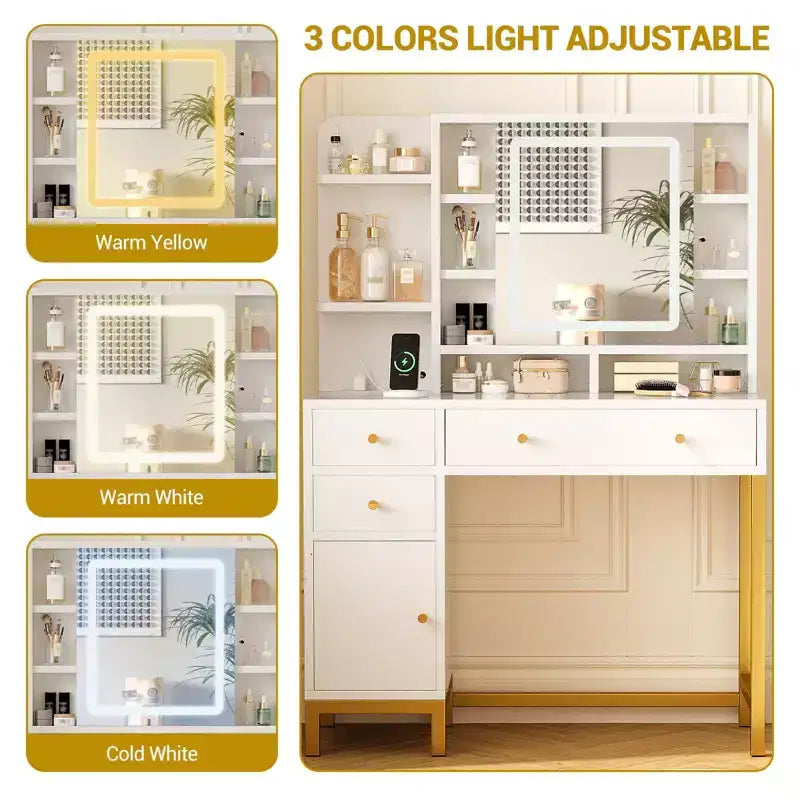 Makeup Vanity with Led Lighted Mirror & Power Outlet, 3 Lighting Modes, Vanity Desk with Acrylic Tabletop White