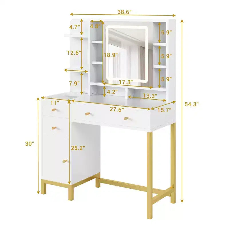 Makeup Vanity with Led Lighted Mirror & Power Outlet, 3 Lighting Modes, Vanity Desk with Acrylic Tabletop White
