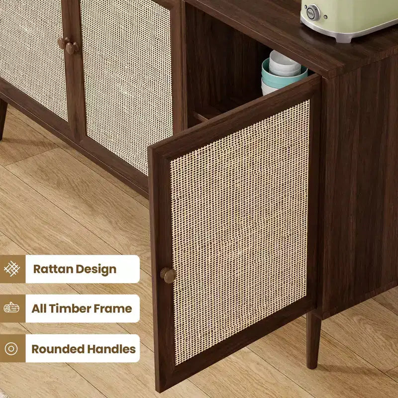 PexFix Side Panel Cabinet With 3 Rattan Doors Kitchen Storage Cabinet Modern Adjustable Legs