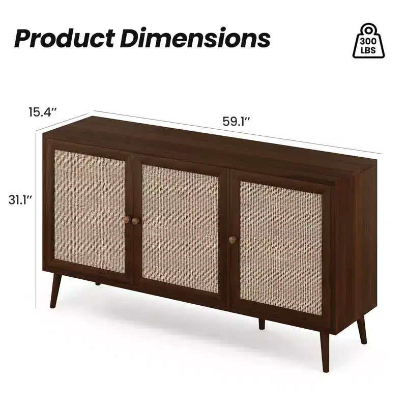 PexFix Side Panel Cabinet With 3 Rattan Doors Kitchen Storage Cabinet Modern Adjustable Legs