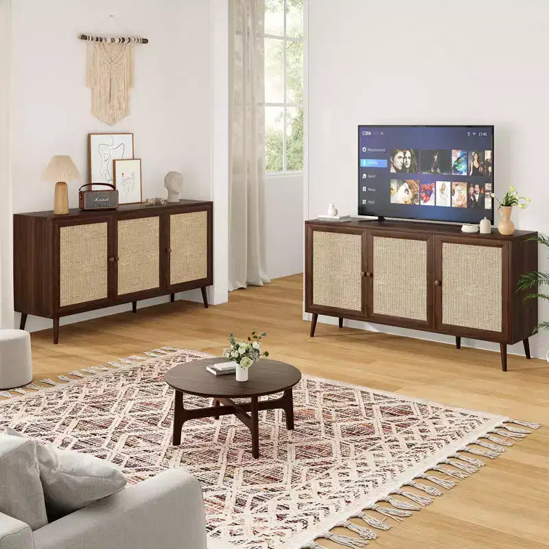 PexFix Side Panel Cabinet With 3 Rattan Doors Kitchen Storage Cabinet Modern Adjustable Legs
