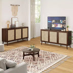 PexFix Side Panel Cabinet With 3 Rattan Doors Kitchen Storage Cabinet Modern Adjustable Legs