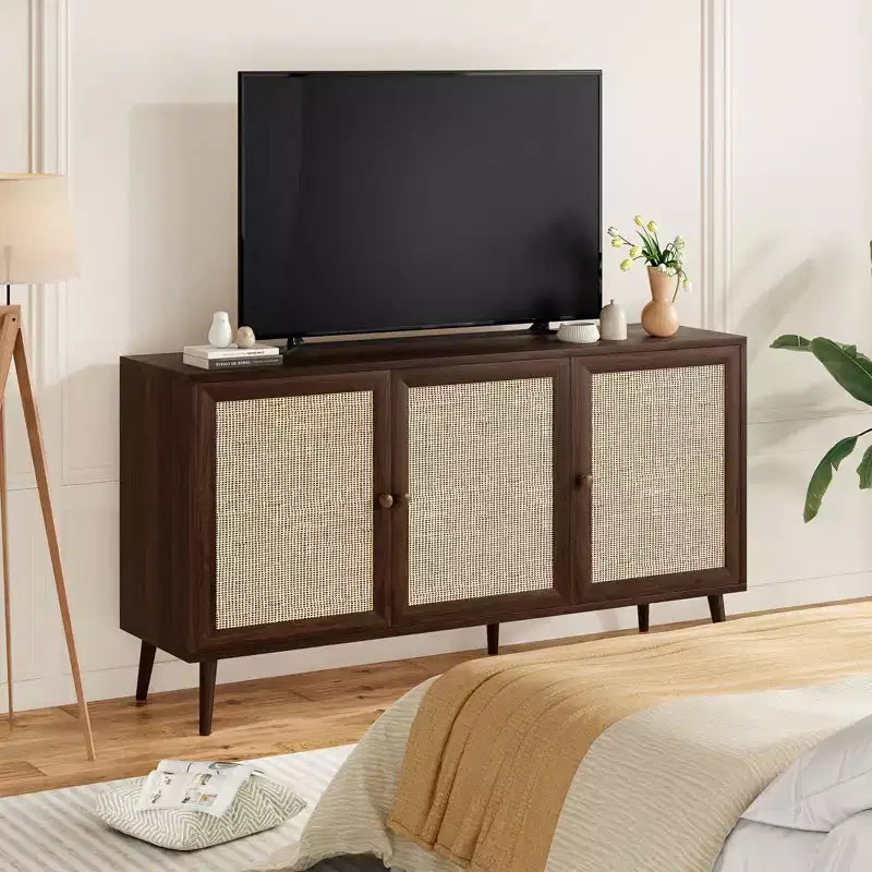 PexFix Side Panel Cabinet With 3 Rattan Doors Kitchen Storage Cabinet Modern Adjustable Legs