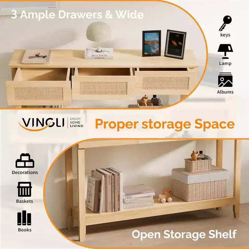 VINGLI 51 Console Table with Drawers, Rattan Entryway Table with Storage Shelf, Boho Narrow Sofa Table for Living Room, Natural Rattan