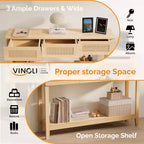 VINGLI 51 Console Table with Drawers, Rattan Entryway Table with Storage Shelf, Boho Narrow Sofa Table for Living Room, Natural Rattan
