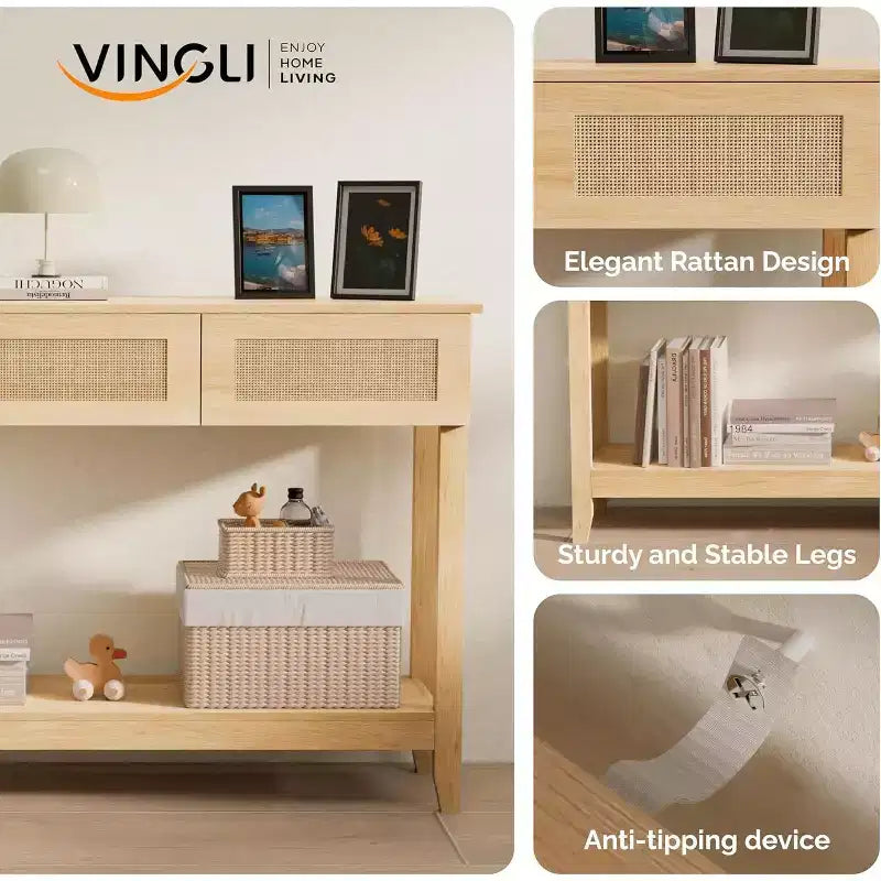 VINGLI 51 Console Table with Drawers, Rattan Entryway Table with Storage Shelf, Boho Narrow Sofa Table for Living Room, Natural Rattan