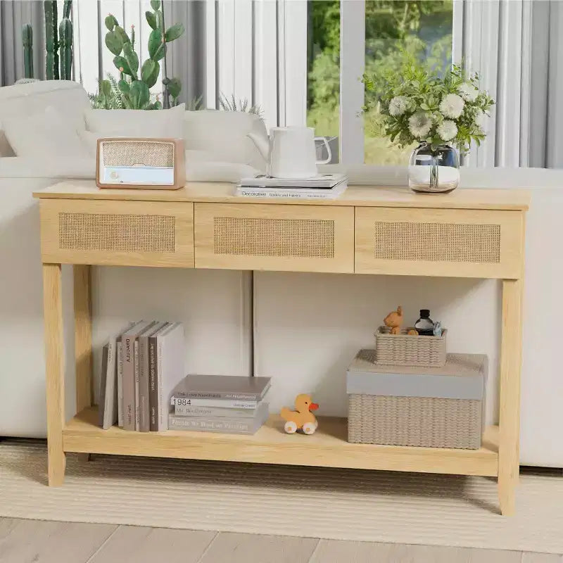 VINGLI 51 Console Table with Drawers, Rattan Entryway Table with Storage Shelf, Boho Narrow Sofa Table for Living Room, Natural Rattan