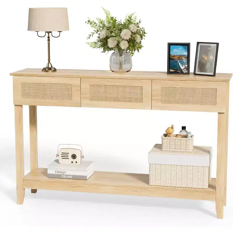 VINGLI 51 Console Table with Drawers, Rattan Entryway Table with Storage Shelf, Boho Narrow Sofa Table for Living Room, Natural Rattan