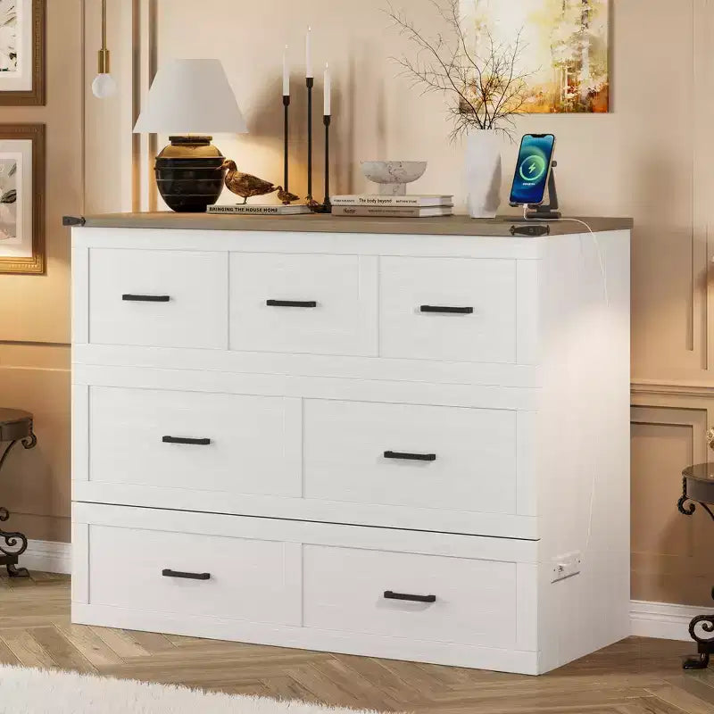 Letto a scomparsa ModernLuxe a una piazza e mezza/matrimoniale salvaspazio, pieghevole con stazione di ricarica e cassetto portaoggetti, bianco/grigio