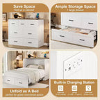 Letto a scomparsa ModernLuxe a una piazza e mezza/matrimoniale salvaspazio, pieghevole con stazione di ricarica e cassetto portaoggetti, bianco/grigio