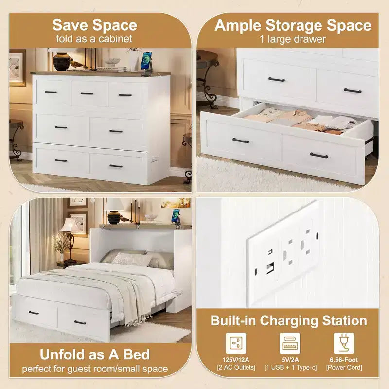 Letto a scomparsa ModernLuxe a una piazza e mezza/matrimoniale salvaspazio, pieghevole con stazione di ricarica e cassetto portaoggetti, bianco/grigio
