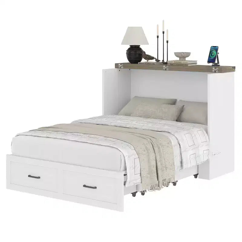 Letto a scomparsa ModernLuxe a una piazza e mezza/matrimoniale salvaspazio, pieghevole con stazione di ricarica e cassetto portaoggetti, bianco/grigio