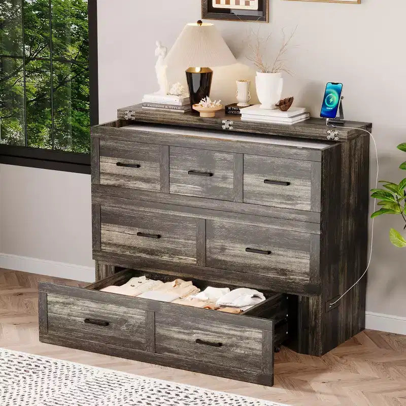 Letto a scomparsa ModernLuxe a una piazza e mezza/matrimoniale salvaspazio, pieghevole con stazione di ricarica e cassetto portaoggetti, bianco/grigio