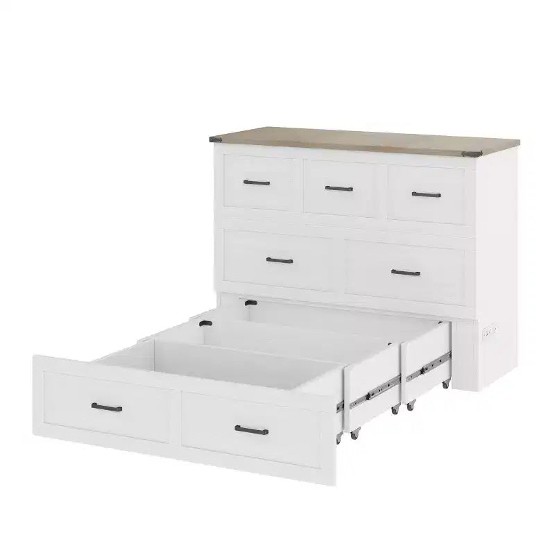Letto a scomparsa ModernLuxe a una piazza e mezza/matrimoniale salvaspazio, pieghevole con stazione di ricarica e cassetto portaoggetti, bianco/grigio